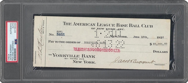 Historic New York Yankees Babe Ruth Sale to Yankees Payment Check To Boston Red Sox Signed By Jacob Ruppert To Complete Financial Obligations (PSA/DNA)